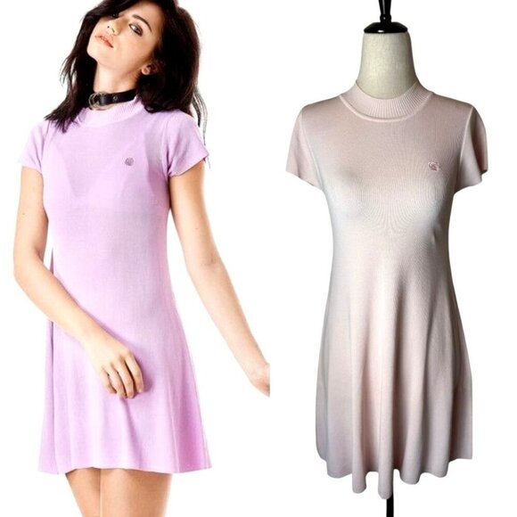 UNIF Dress Women Small Pink Knit Mock Neck Short Sleeve Fit And Flare Mini - Picture 1 of 9